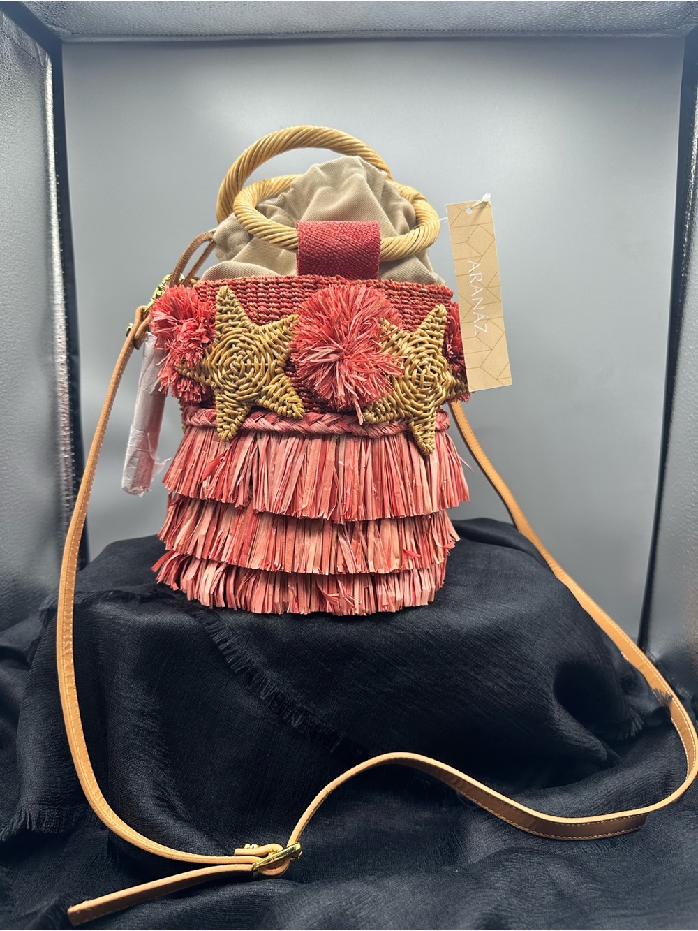 Handwoven Fringe Star Bucket Crossbody Bag - Coral Pink